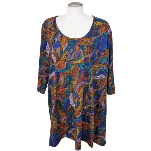 Ulla Popken Womens Plus 20/22 Tunic Leaf Print Knit Swing Side Slit Cotton - Picture 6 of 11